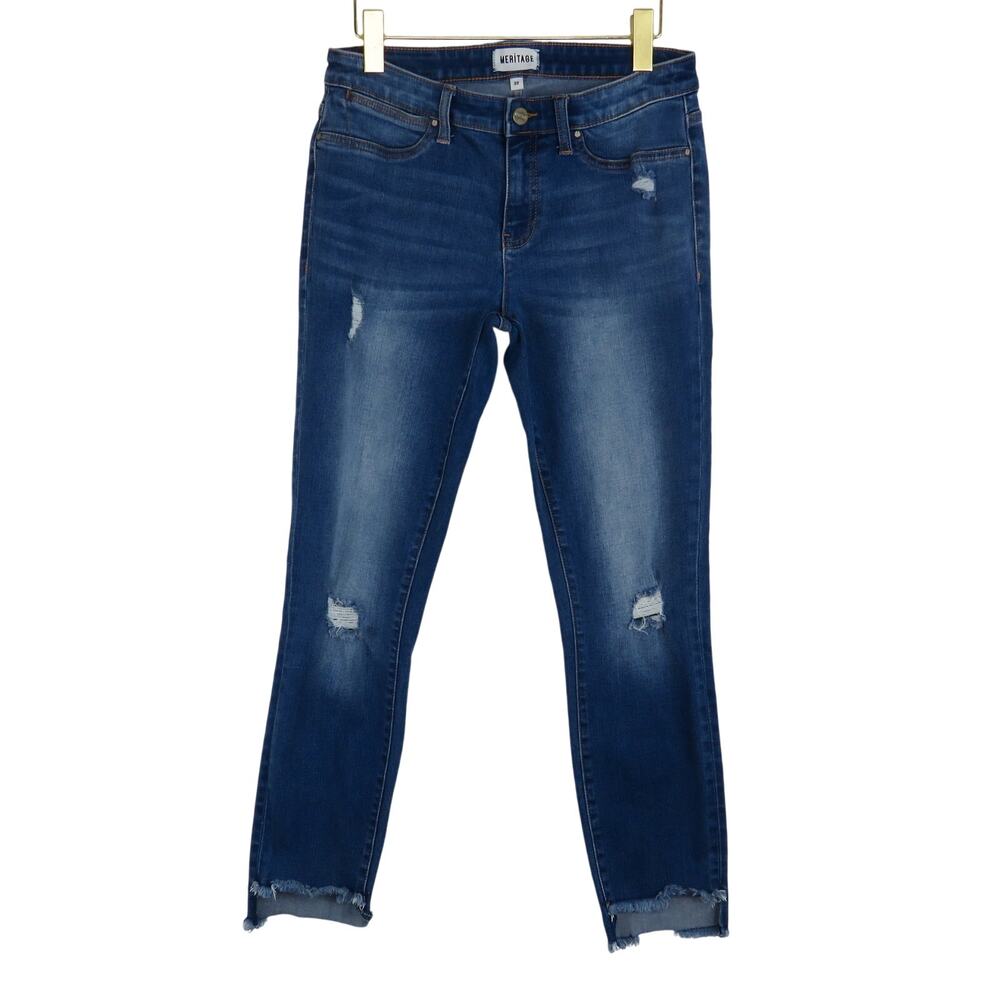 Meritage High Rise Dark Wash Skinny Jeans Distressing Size 30